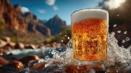 Glass of beer splashing in a mountain stream
