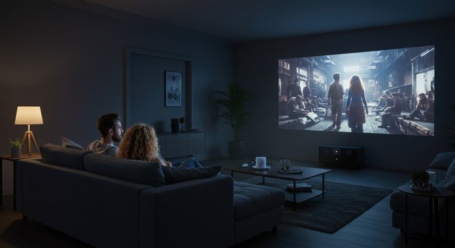 Couple Watching Movie on Projector Screen in Dimly Lit Modern Living Room - Powered by Adobe