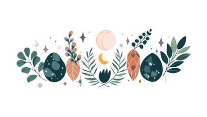 Decorative arrangement featuring easter eggs foliage moon and stars in a whimsical design style