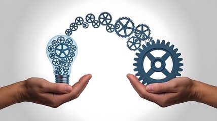 Hands holding gears and lightbulb teamwork connection
