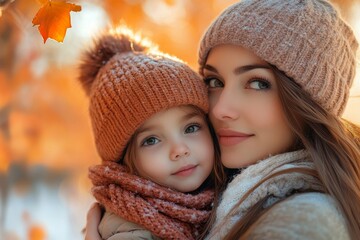 Portrait of a young mother with her small daughter in autumn nature at sunset, showcasing the beauty of motherhood and family bonding in the outdoors, Generative AI
