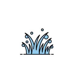 Fresh, artistic illustration of vibrant water drops over blades of grass.