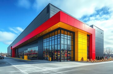 Obraz premium A modern commercial building featuring a striking design with bold colors and large glass windows under a clear blue sky.