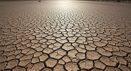 Cracked Earth Surface Under Bright Sunlight in Arid Desert Landscape with Detailed Patterns and Textures