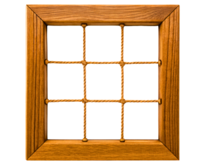 Primitive wooden window frame with a grid made of thick rope on a transparent background