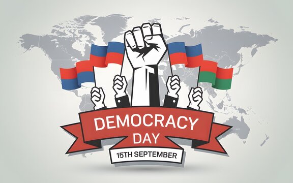 Fist raised in protest on democracy day with russian flag and world map