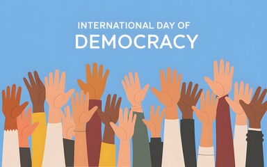 Obraz premium Diverse group of people raising hands celebrating international day of democracy