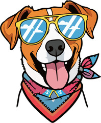 Naklejka premium Happy dog portrait illustration wearing cool sunglasses and a colorful bandana. Cool canine 3 vector design.
