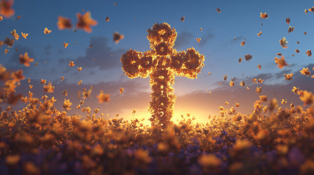 Meskel, orthodox christian festival, glowing Meskel cross surrounded by petals