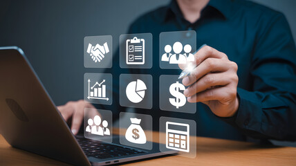 Businessman using virtual interface for financial planning and business strategy now