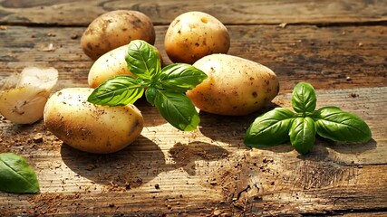Freshly harvested potatoes with basil leaves on a rustic wooden table, natural lighting