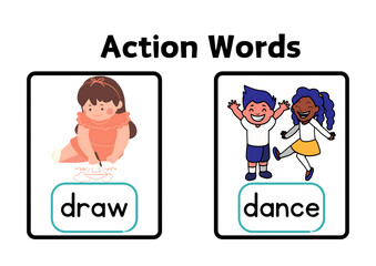 Children learning action words draw and dance with colorful flashcards isolated on a transparent background