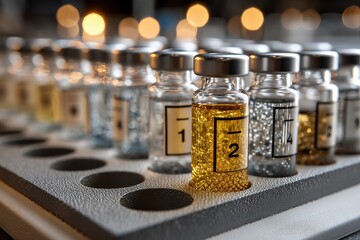 Numbered vials in a laboratory tray