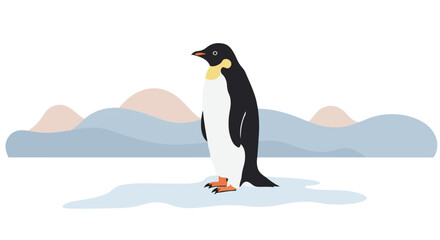 Obraz premium Emperor penguin stands on ice floe with mountains in background, for education use