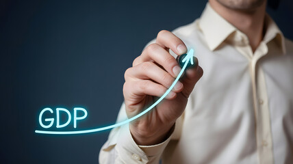 Rising GDP growth chart presented by a professional in a modern business setting