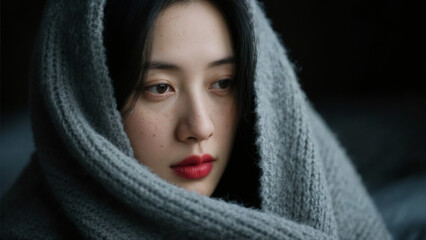 Fototapeta premium Pensive Young Asian Woman Wrapped in Grey Knitted Scarf Intimate Portrait