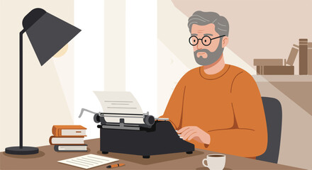 Senior man writes novel on typewriter with bookshelf background for web design