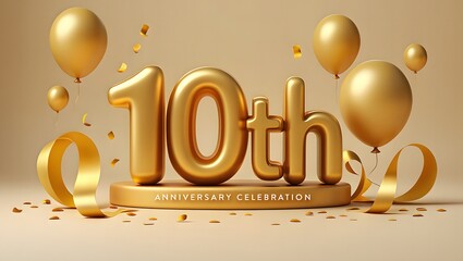 A golden 10th anniversary celebration with balloons, ribbons, and confetti, creating a festive and joyous atmosphere for a special milestone