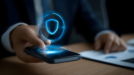 secure mobile app with holographic shield interface in modern office