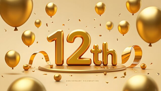 Celebrating a special milestone a golden 12th anniversary celebration with balloons, ribbons, and confetti, creating a festive and joyous atmosphere