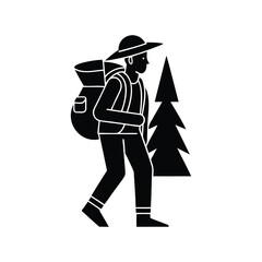 Stylized Black and White Illustration of a Hiker by a Pine Tree
