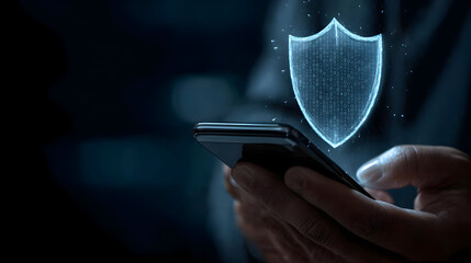 smartphone with digital shield hologram floating above screen, symbolizing mobile protection technology