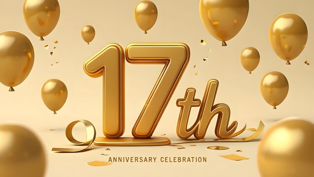 Celebrating a milestone with golden 17th anniversary balloons, a festive and elegant decoration for a special event, perfect for greeting cards and party invitations