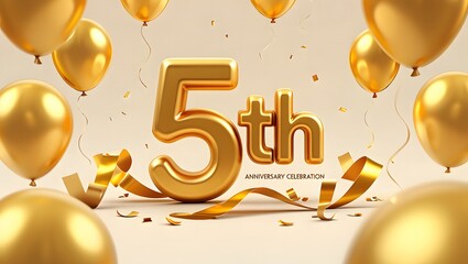 Golden 5th anniversary celebration with balloons, ribbons, and confetti, creating a festive and elegant atmosphere for a milestone event