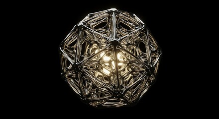 Glowing energy core inside a complex geometric sphere, a concept for futuristic technology and global networks.