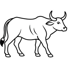 Black and White Line Drawing of Walking Bull with Curving Horns Design