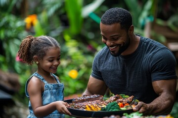 Father serving grilled meat and vegetables on a plate to his daughter during a family summer garden party, emphasizing the joy of sharing meals and family connection, Generative AI