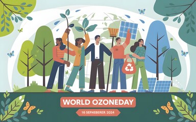 Diverse group of people celebrating world ozone day with plants and environmental awareness