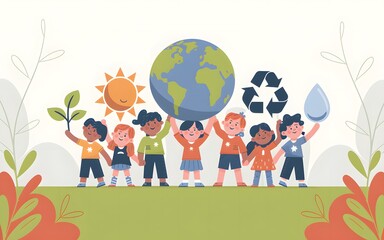 Diverse group of children holding the earth and environmental symbols