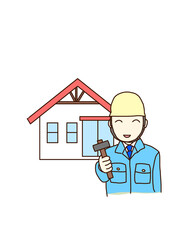 ユニフォームを着て住宅の説明をする作業員