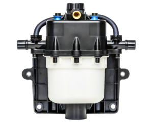 Automotive fuel filter water separator assembly with plastic body on a transparent background