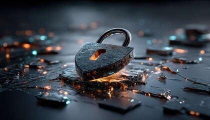 Metallic padlock on dark surface