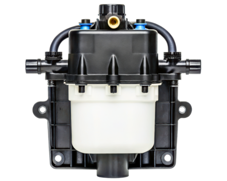 Automotive fuel filter water separator assembly with plastic body on a transparent background