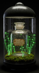 A vintage glass bottle sits inside a modern bell jar terrarium with glowing digital plants and moss, blending old and new
