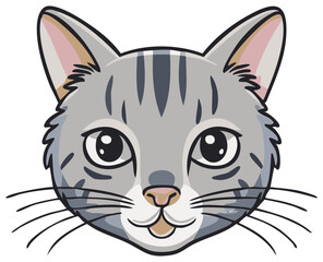 Illustration depicts a gray tabby cat head with stripes, cute expression, and adorable whiskers, creating a charming feline portrait.