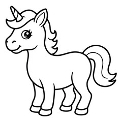 Cute Unicorn Outline Standing with Tail, Horn, and Smiling Face