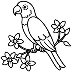 Obraz premium Line Art Illustration Parrot on a Branch with Flowers Coloring Page