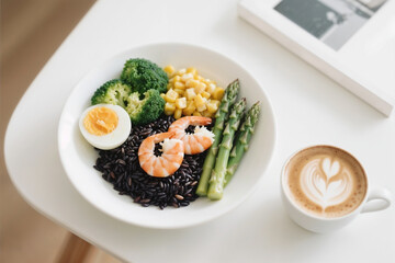 Delicious Healthy Balanced Meal Bowl with Shrimp Black Rice and Fresh Vegetables