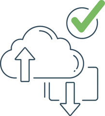 Cloud storage icon with upload and download arrows, and a confirmation checkmark.