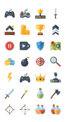 A collection of flat design icons representing various elements and actions commonly found in video games, including controllers, trophies, weapons, power-up...