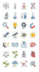 Diverse flat design icons illustrating scientific principles, laboratory equipment, and natural phenomena.