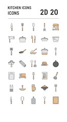 A collection of minimalist kitchen icons, including various cooking utensils and appliances, displayed in a grid.