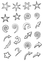 Hand-drawn black outline illustrations featuring an array of star shapes, dynamic arrows, and abstract spiral designs.