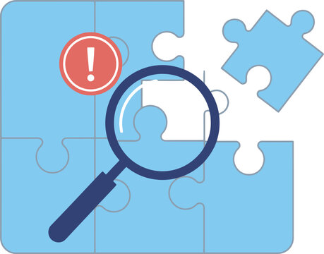 A missing puzzle piece is examined under a magnifying glass, highlighting a problem within a larger, incomplete puzzle.