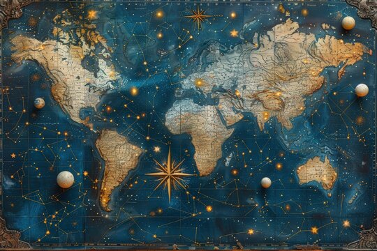 Vintage world map overlayed with celestial constellations and shimmering stars evoking global exploration and ancient navigational journeys