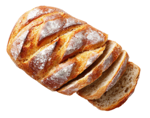 Sliced loaf of bread, top-down view.  A light-brown, artisan loaf, dusted with flour, is sliced into several pieces.  The slices show a golden-brown interior